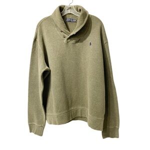 Ralph Lauren Polo Men olive Shawl two button neck sweater. Ribbed -Size XL